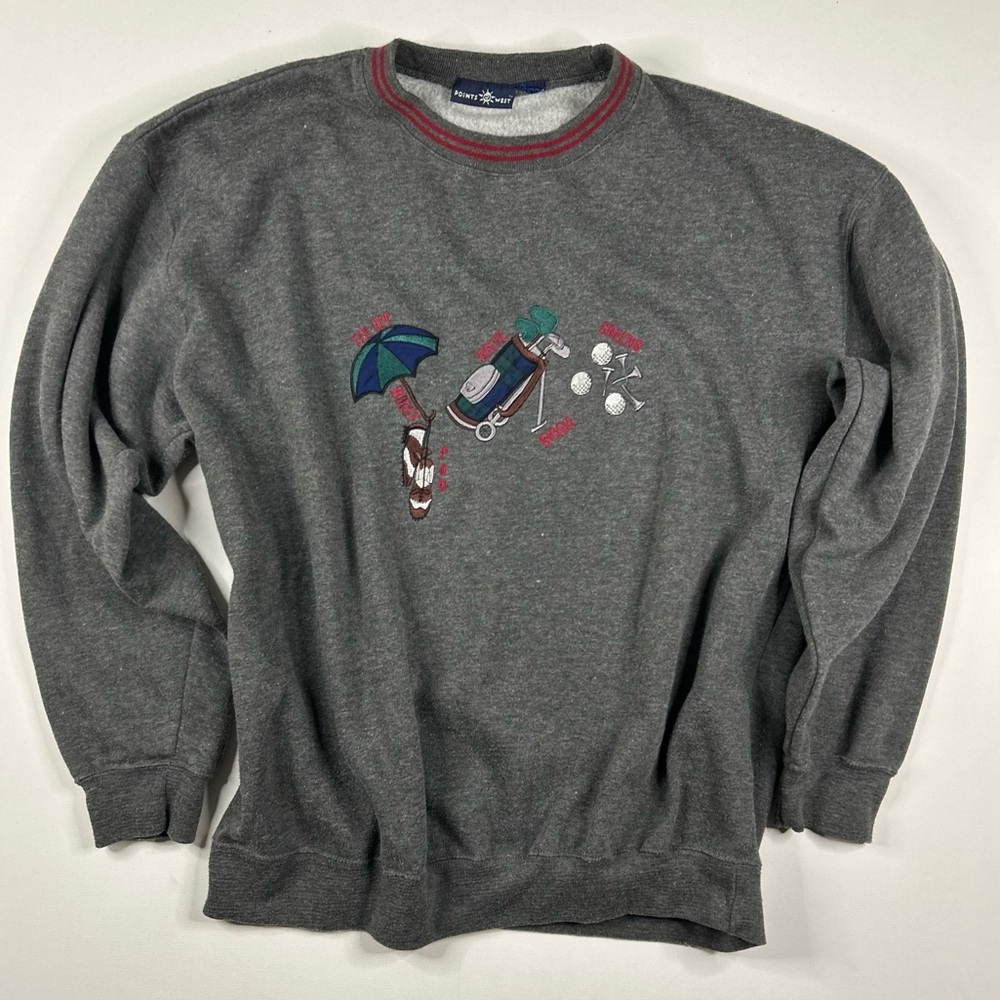 Points West Vintage Golf Embroidered Pullover Sweater Gray Sport Graphic Large